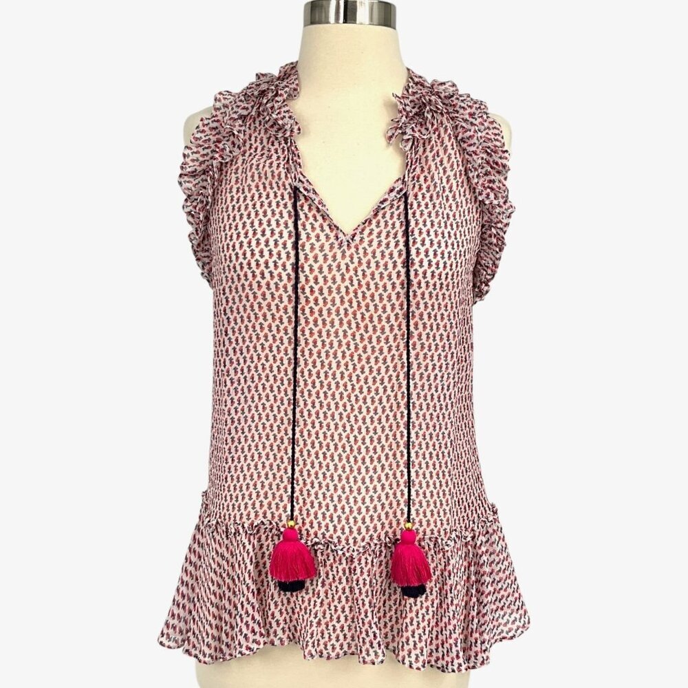 Figue Vera Tassel Top in Multi Red Ruffled Sheer Size S 100% Silk Sleeveless